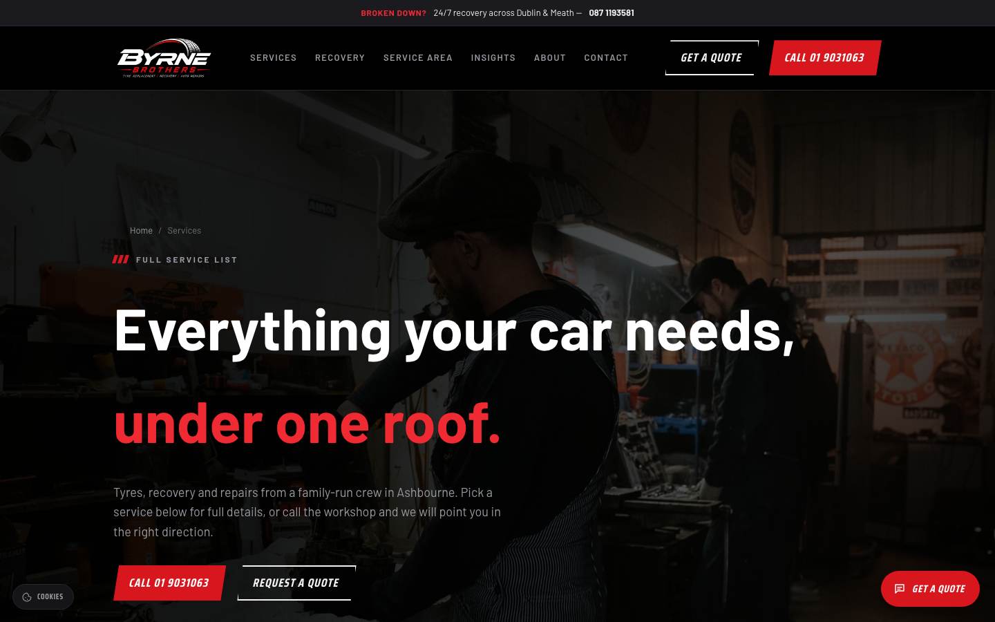 Byrne Brothers service list, from tyre fitting to workshop repairs