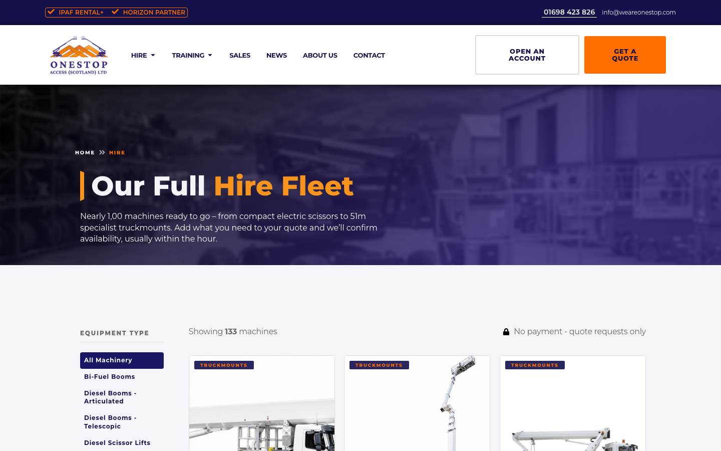 Onestop Access hire fleet, filtered by equipment type, with machines added to a quote