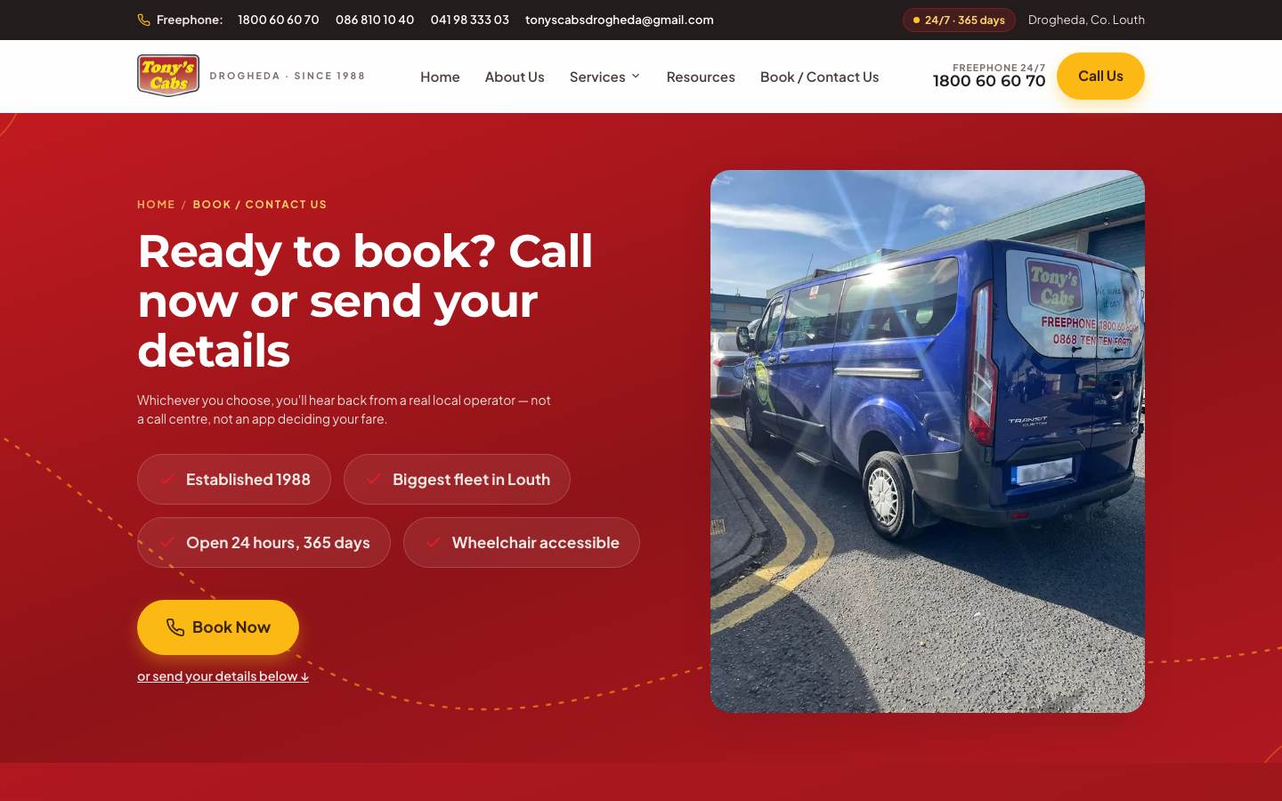 Tony's Cabs booking page, with the fleet and a way to send the run