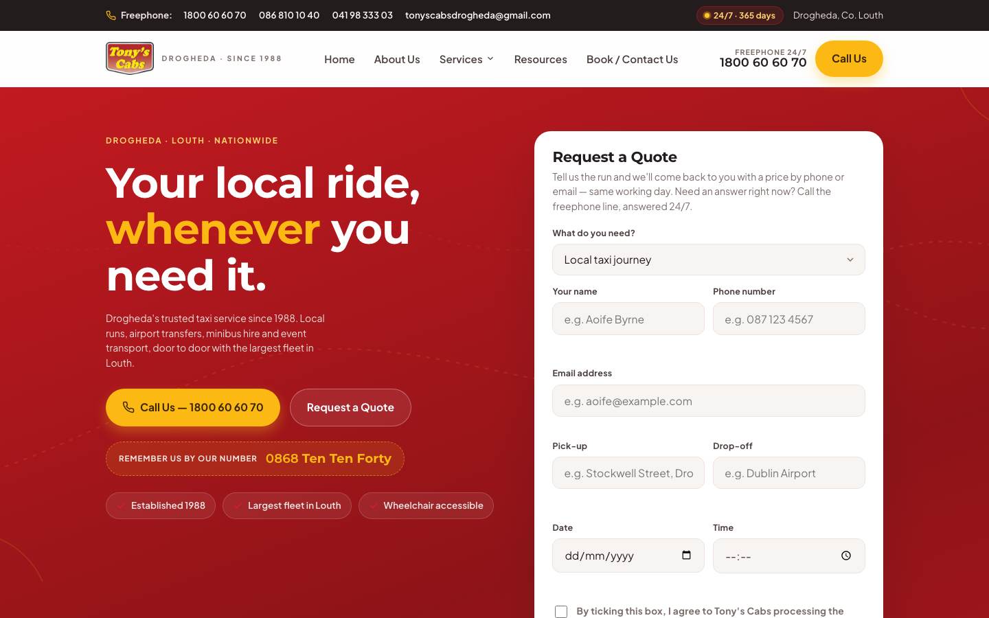 Tony's Cabs website on a desktop screen