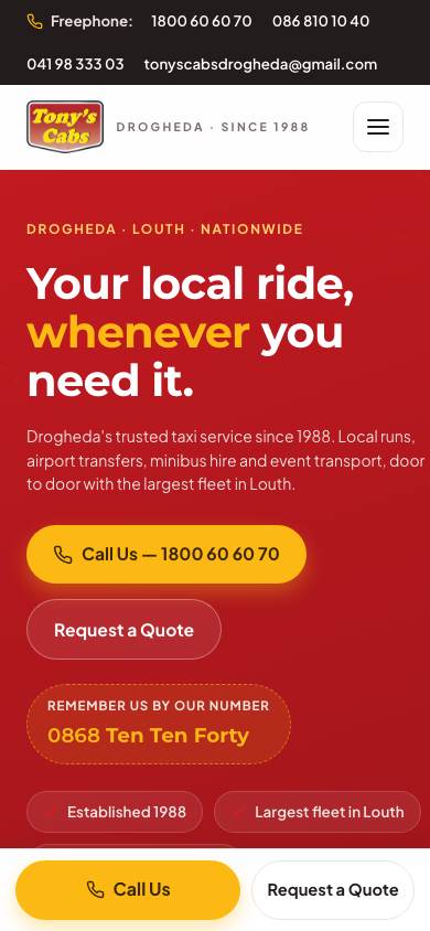Tony's Cabs website on a phone