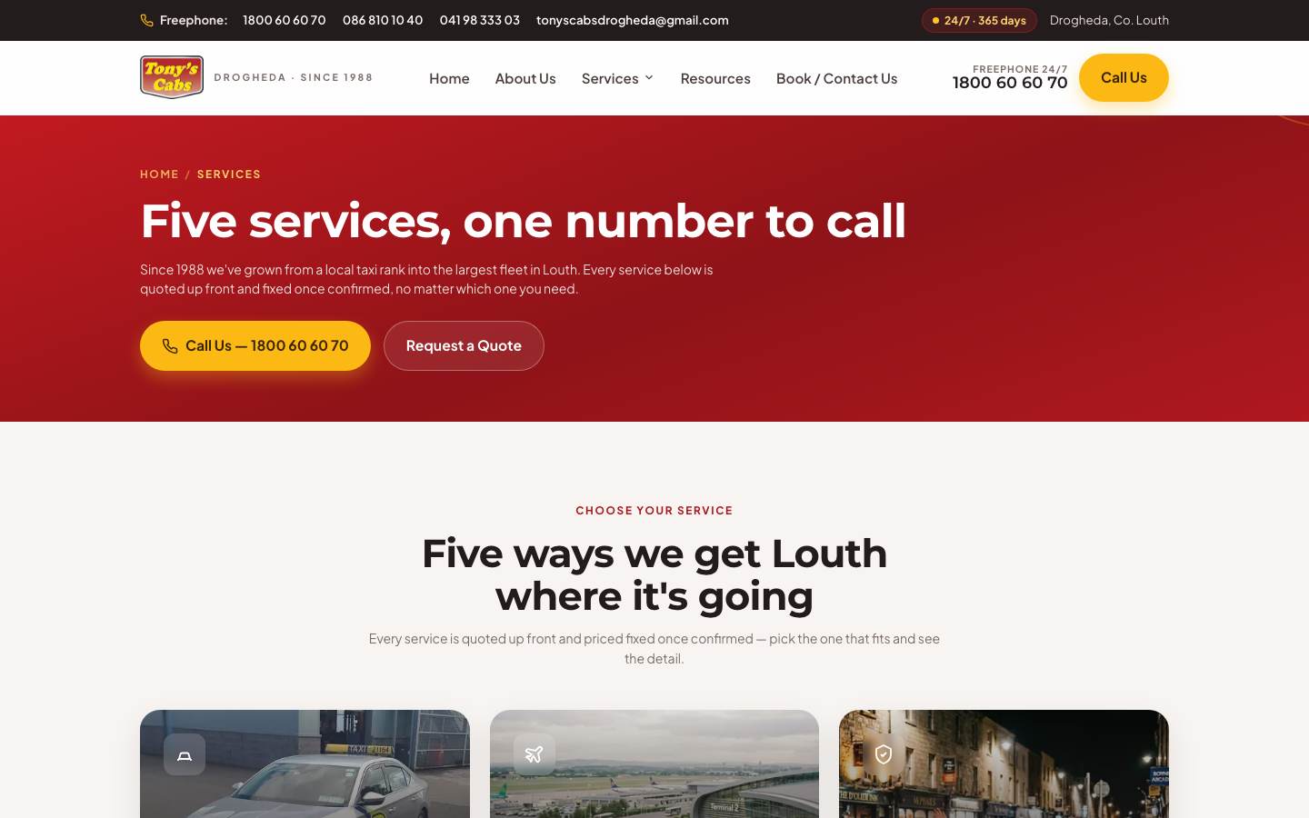Tony's Cabs services, from local runs to airport and event transport